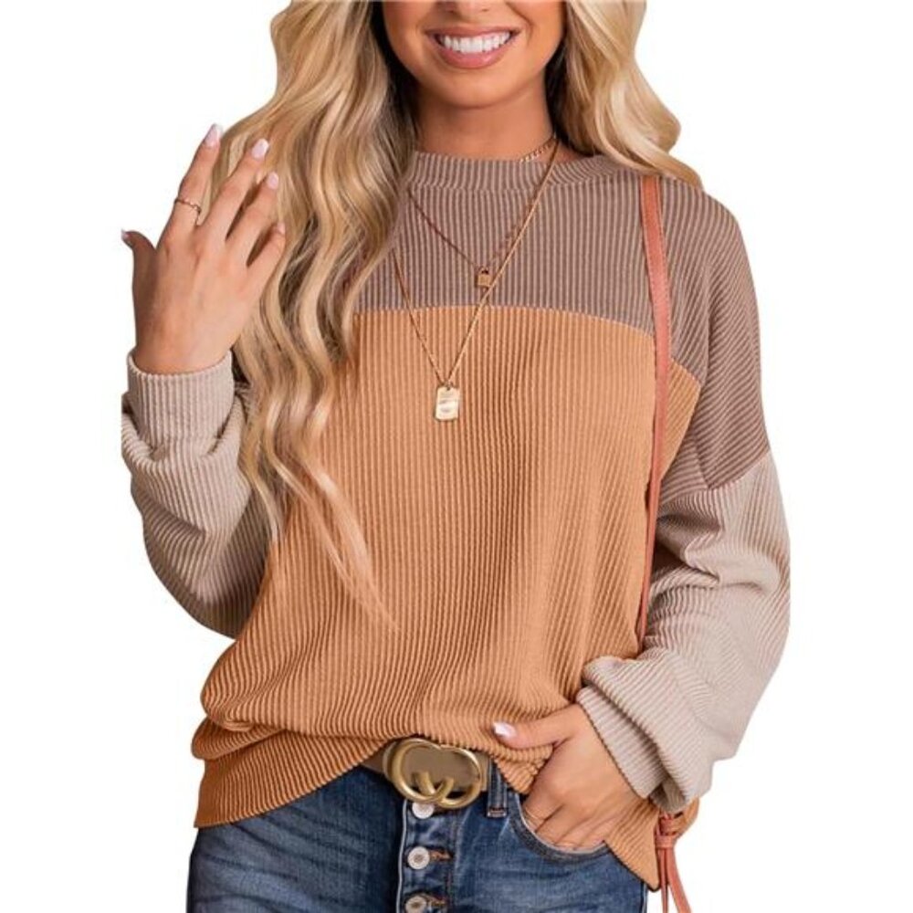 Women Color Block Long Sleeve Top Crewneck Knit Casual Loose Pullover Blouse